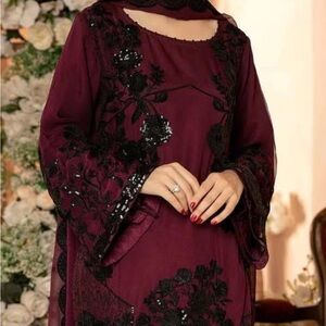 Pakistani 3pc new in bag Maroon Embroidered Dress